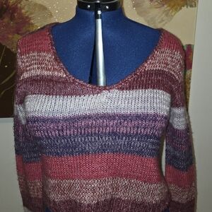 BONGO Multicolor Striped V-Neck Sweater in Pink, Purple, Cream